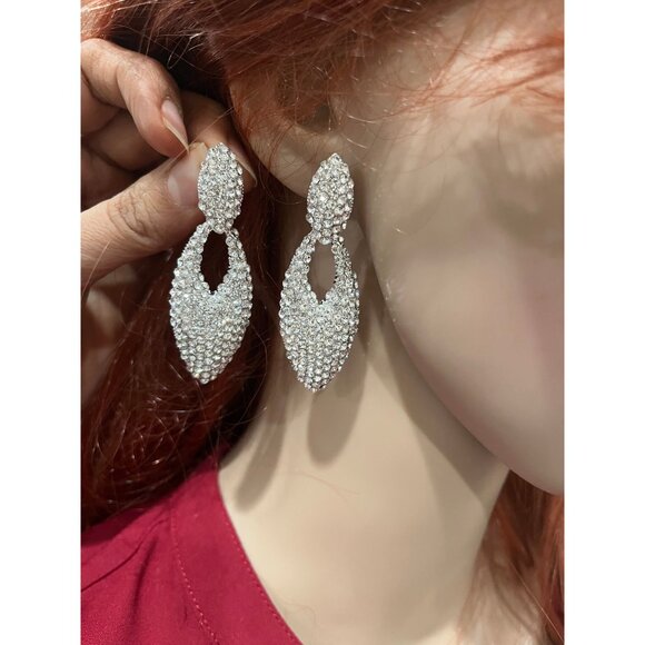 rhinestone earrings clear silver crystal wedding long drop long sparkle earring - Picture 6 of 7